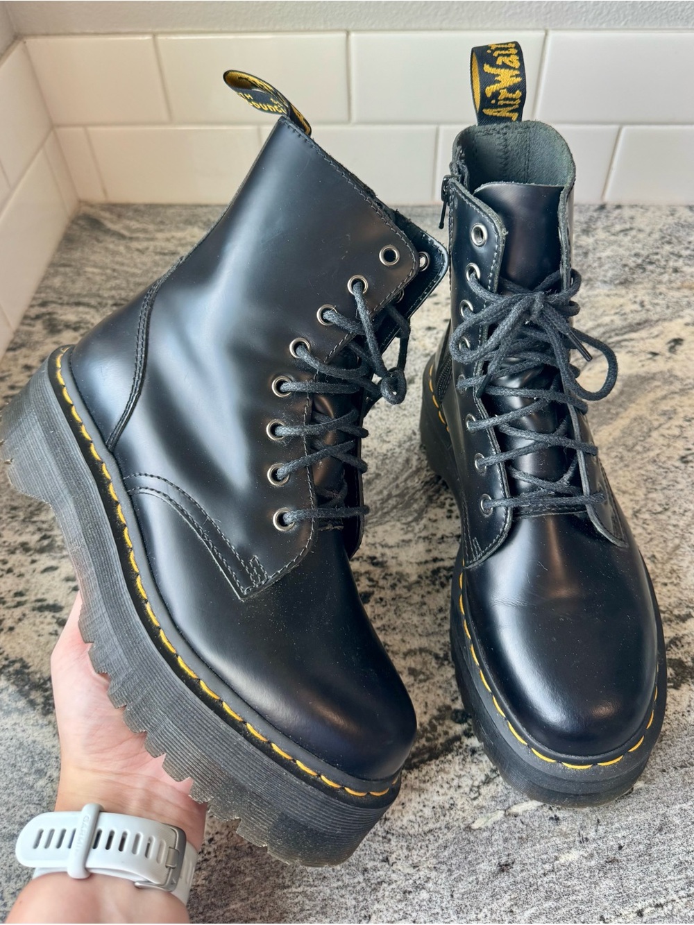Dr. Martens Black Leather Lace-Up Platform Combat Boots with Yellow Stitching